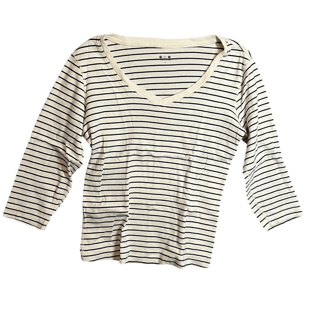 Women's Striped V-Neck 3/4 Sleeve Top Casual Pullover Knit Shirt Size M